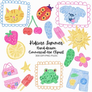 May include: Hand-drawn "Kidcore Summer" clipart featuring a variety of colorful summer-themed illustrations. Includes a cat, ladybug, dog, cherries, flip-flops, popsicles, sun, strawberry, lemon, swimsuit, star, frog, flower, and swim trunks.