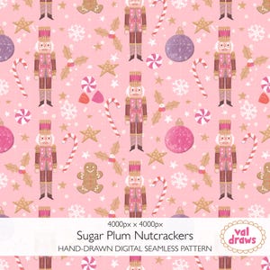 May include: A seamless digital pattern on a light pink background featuring repeating illustrations of nutcrackers, gingerbread men, candy canes, purple and pink ornaments, stars, snowflakes, and holly leaves with the text Sugar Plum Nutcrackers.