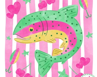 Preppy Rainbow Trout Striped PNG | Girly Fishing Design | Fisherman Aesthetic | Hand-Drawn Commercial Use Design