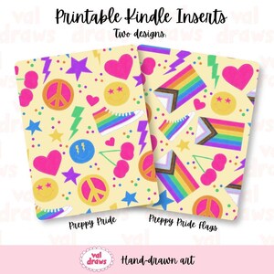 May include: Two printable Kindle inserts with cream backgrounds featuring colorful patterns. The left design includes rainbow sneakers, peace signs, smiley faces, hearts, stars, lightning bolts, and cherries. The right design features pride flags.