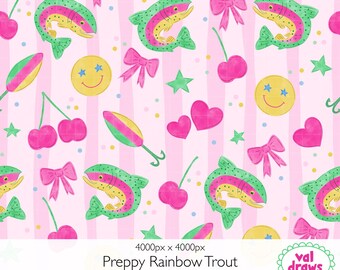 Preppy Rainbow Trout Seamless Pattern | Striped Girly Fishing Design | Hand-drawn | Commercial Use