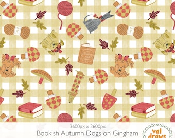 Bookish Autumn Dogs, Mushrooms, Gingham Digital Seamless Pattern | Cozy Fall Knitting Crochet Book Design | Hand-Drawn | Commercial Use