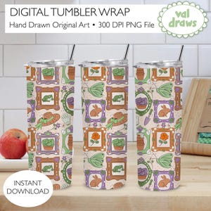 May include: Three stainless steel tumblers with a whimsical garden-themed pattern. The design includes framed illustrations of a frog, rabbit, flowers, and gardening tools. The tumblers have a silver lid and straw. Text on the image reads "DIGITAL TUMBLER WRAP" and "INSTANT DOWNLOAD."