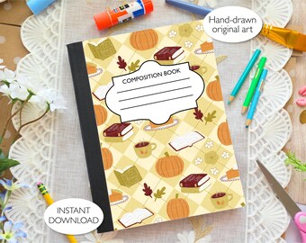 Bookish Autumn Argyle Printable Composition Notebook Cover PNG | SVG & PNG Labels | Cozy Fall Book Design | Hand drawn | Commercial Use