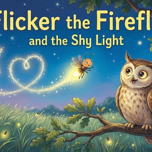 May include: Illustration of a nighttime scene with the title "Flicker the Firefly and the Shy Light." A cartoon owl sits on a tree branch, with a firefly and glowing star and heart shapes in the sky. The background is a dark blue with a crescent moon.