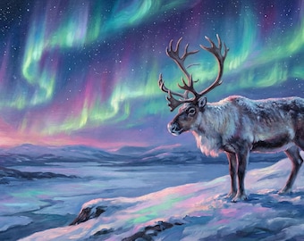 Northern Lights Reindeer Art Print – Arctic Winter Wall Art, Aurora Borealis Landscape, Wildlife Painting