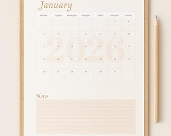 2026 Druckbarer Monatskalender, Soft Neutrales Design (Digitaler Download)