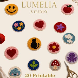 May include: A collection of circular punch needle coasters featuring various designs including a smiley face, apple, heart, star, cat, flower, clouds, octopus, mushroom, and leaves. The text reads LUMELIA STUDIO and 20 Printable Coaster Patterns Punch Needle-Mini Tufting.