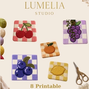 May include: Five square punch needle coasters featuring fruit designs on checkered backgrounds, including cherries, grapes, blueberries, an orange, and a lemon. Text reads LUMELIA STUDIO and 8 Printable Fruit Coaster Patterns Punch Needle-Mini Tufting.