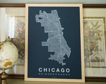 CHICAGO City Map Art, Home Office Wall Decor, Illinois Poster, Chicago Neighborhood Map, Housewarming Gift For Him, Chicago Wall Art