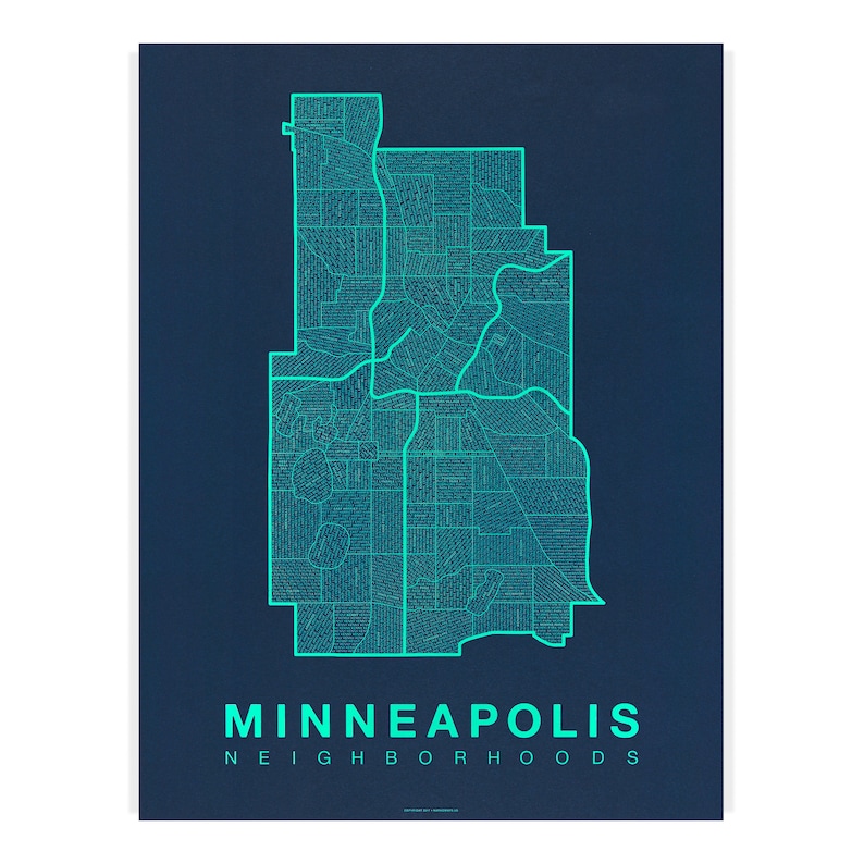 MINNEAPOLIS City Map Art, Home Office Wall Decor, Minimalist City Art, Minnesota Poster, Minneapolis Wall Art, Housewarming Gift For Him Teal on Navy