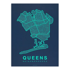 QUEENS City Map Art, Home Office Wall Decor, Minimalist City Art, New York Poster, Queens Wall Art Print, Housewarming Gift For Him Teal on Navy
