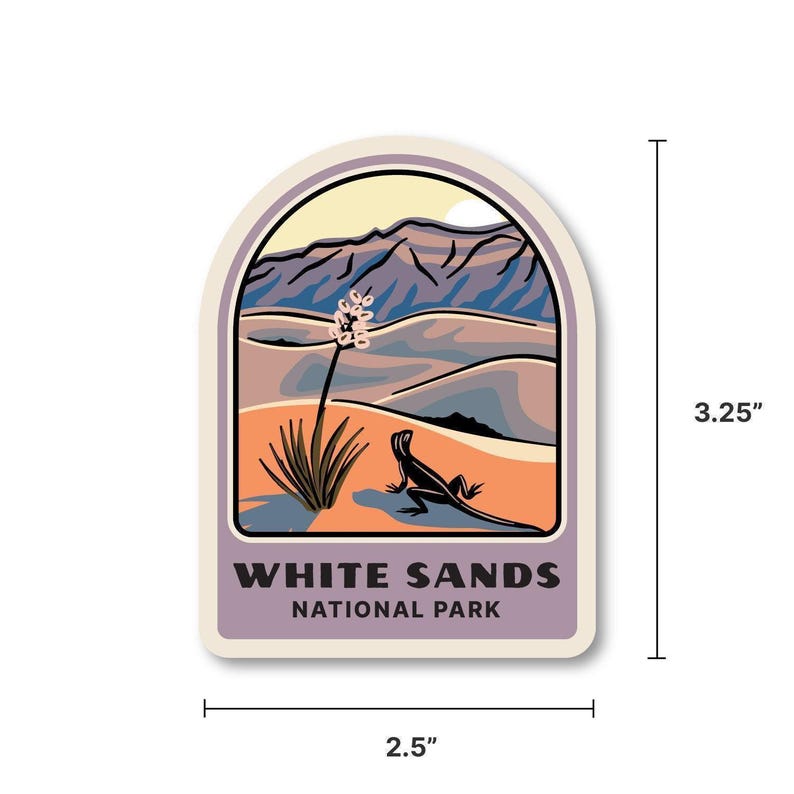 White Sands National Park vinyl sticker, 2.5 x 3.25 inches, features hand-illustrated desert lizard, yucca plant, rolling dunes, and purple mountains in a retro pastel palette. Weatherproof, scratch-resistant, white edge, perfect for car decals, hiking, camping gifts, and travel art lovers.