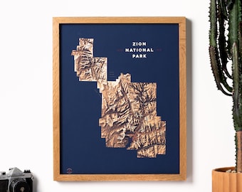 Zion National Park Map, US Topographic Map Art, National Park Poster, Mountain Wall Decor, Modern 3D Wall Art, 18x24, 16x20, 11x14
