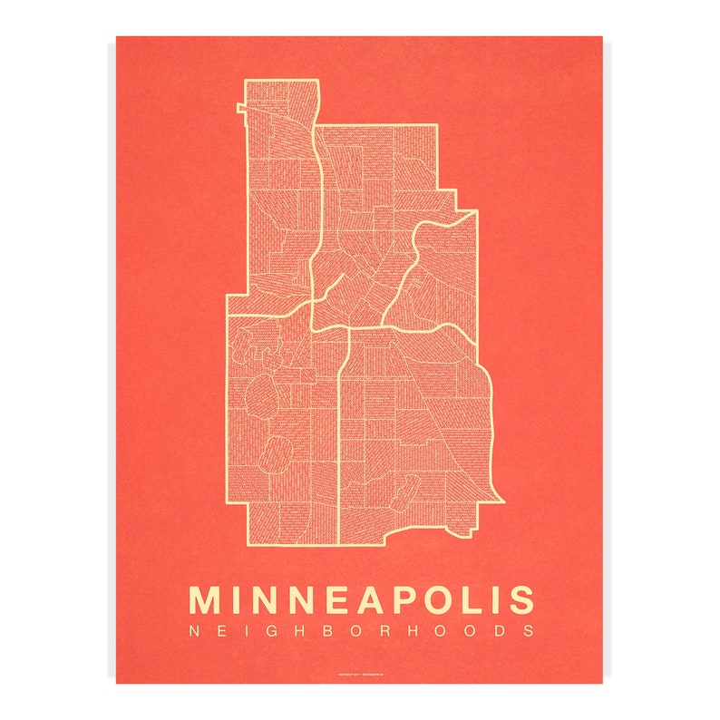 MINNEAPOLIS City Map Art, Home Office Wall Decor, Minimalist City Art, Minnesota Poster, Minneapolis Wall Art, Housewarming Gift For Him Cream on Coral