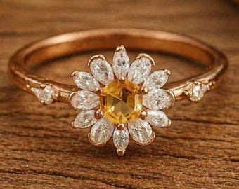 Yellow Citrine Daisy Halo Ring, Gold Plated Marquise Diamond Floral Band