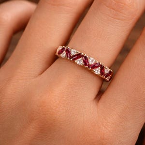 Art Deco Ruby Band Ring, 18K Gold Plated, Sparkling Stones, Stackable Jewelry