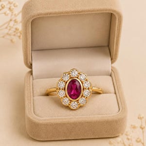 Peut inclure: Une bague en or avec une grosse pierre centrale ovale en rubis, entourée d'un halo de petits diamants ronds. La bague est présentée dans un écrin en velours beige ouvert, sur fond beige clair.