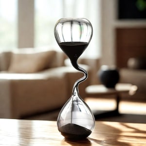 Può includere: Una clessidra in vetro trasparente con sabbia nera. La clessidra ha un design curvo unico, con una parte superiore e inferiore bulbose collegate da un collo sottile e sinuoso. La sabbia è parzialmente riempita nella parte superiore.