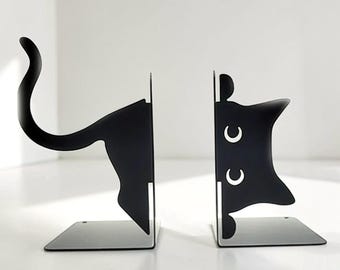 Cute Cat Bookends for Shelves, Decorative Metal Bookends, Cat Lover Gift, Funny Bookends, Bookshelf Decor, Desk Organizer