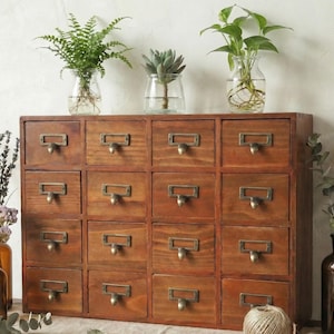 Mobiletto da farmacia in legno vintage, organizer per spezie e gioielli con 16 cassetti