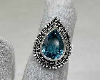 Anillo de topacio azul de plata de ley 925, joyería de diseño hecha a mano, regalo para ella.