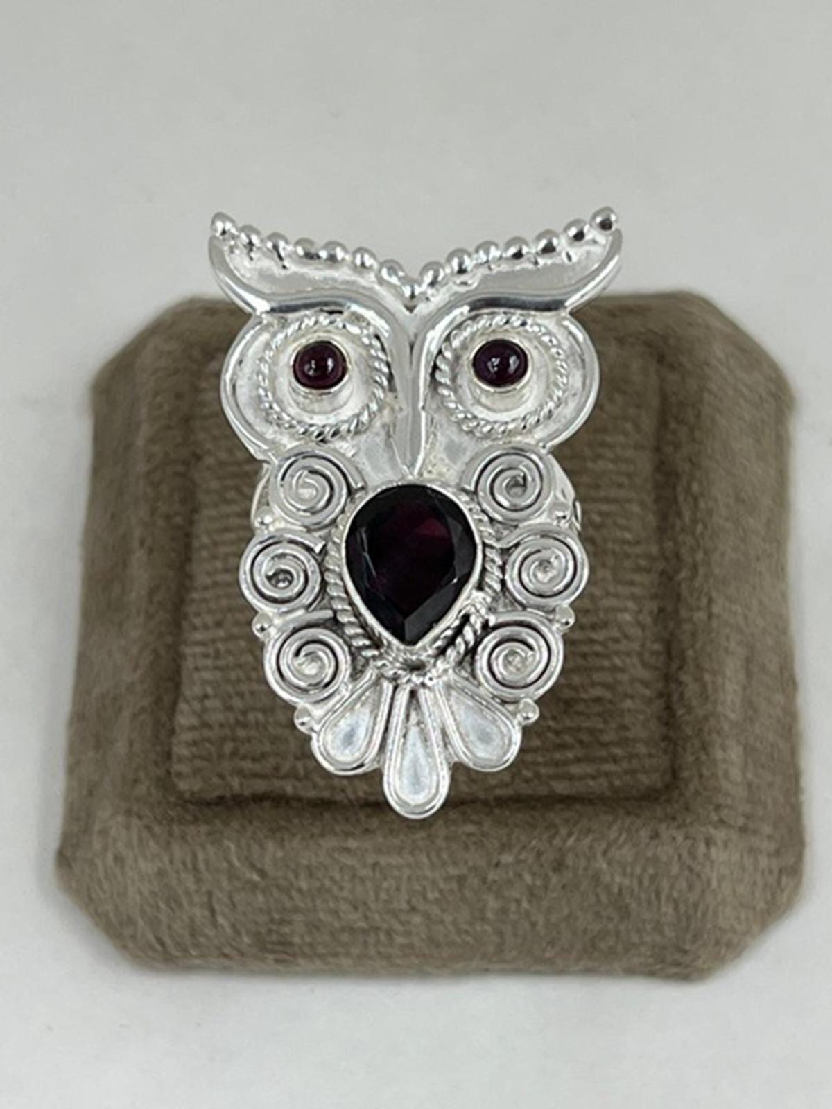 925 Sterling Silver Garnet Owl Ring