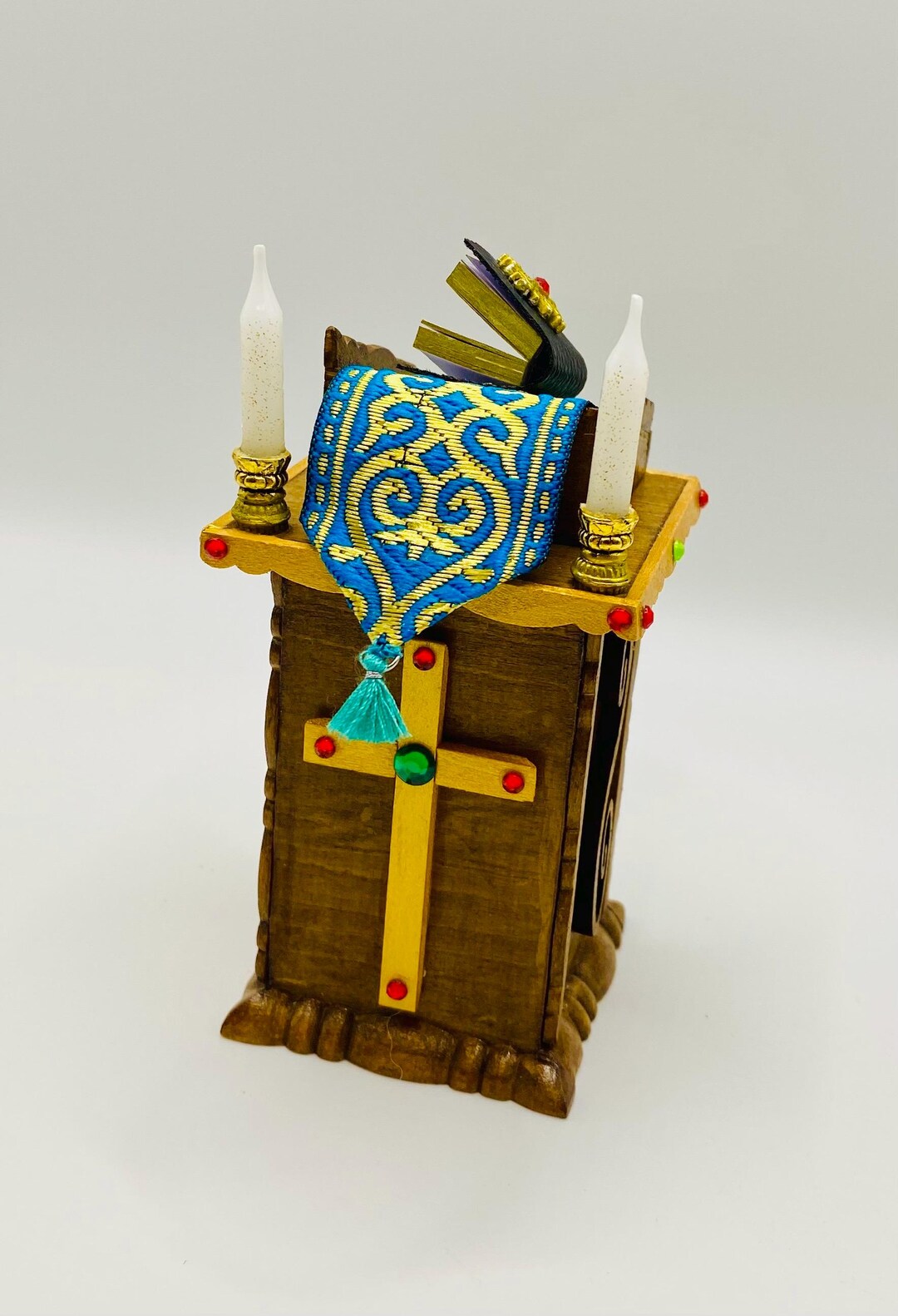 Mini Pullpit Miniature Church Pulpit With Cross & Candles, Handmade Wooden Altar ...