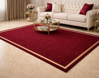 Luxury Burgundy Area Rug, Royal Red Classic Carpet, Traditional Living Room Rug, Elegant Gold Border Persian Style Rug, Vintage Home