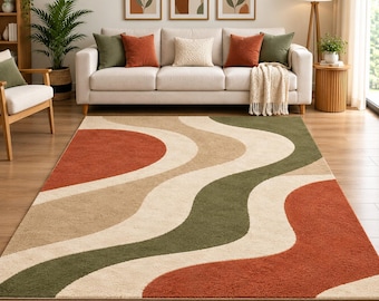 Hand Tufted Abstract Wave Rug, Terracotta Sage Green Cream Wool Carpet, Modern Living Room Decor
