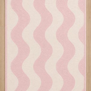 May include: A rectangular area rug featuring a repeating vertical wavy pattern in soft pink and cream colors. The rug has rounded corners and a solid pink border that frames the entire design, creating a clean and consistent aesthetic throughout.