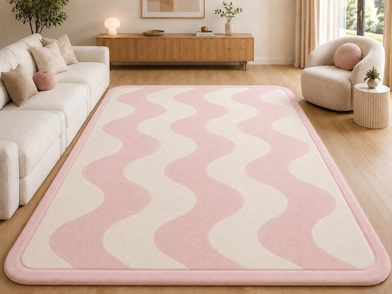 Pink Cream Area Rug, Wavy Pattern Rug, Modern Tufted Rug, Bedroom Living Room Rug
