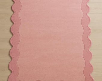 Hand-Tufted Pink Scalloped Rug | Wavy Border Plush Carpet
