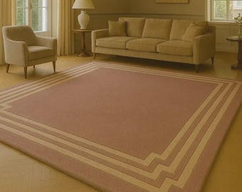 Vintage Blush Pink Area Rug, Minimalist Geometric Border Carpet, Neutral Living Room Rug, Mid Century Modern Home Decor