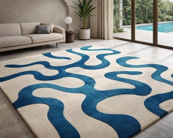 Modern Abstract Blue Area Rug, Wavy Geometric Pattern Carpet,