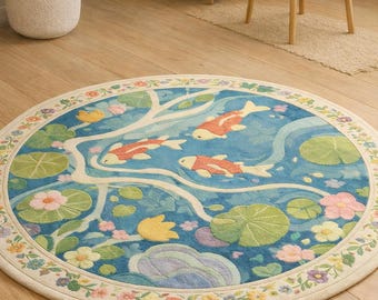 Tapete redondo com estampa de lago de carpas koi, tapete floral azul com estampa de lírios-d'água, tapete estilo zen japonês para jardim aquático, decoração fofa e colorida para quarto infantil, tapete boho.