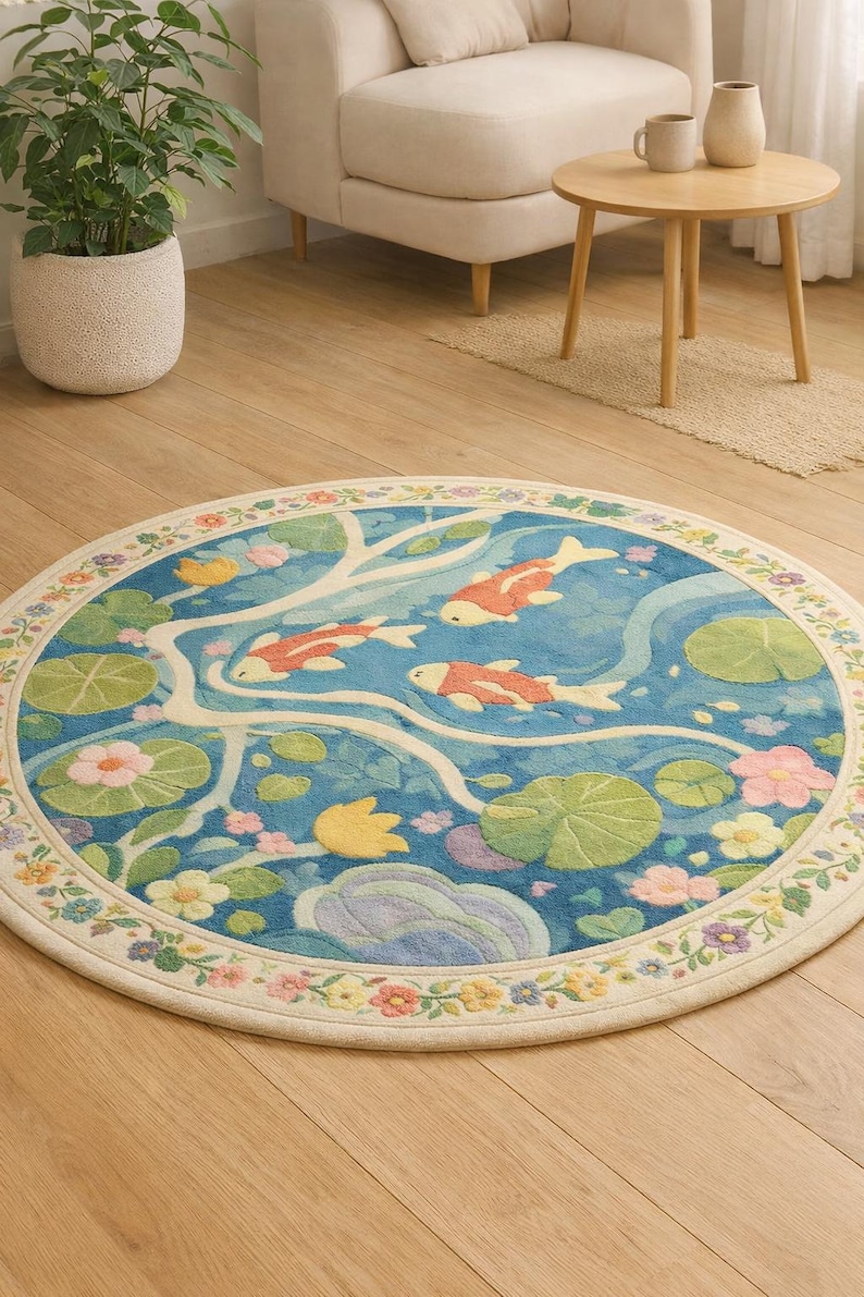 Round Koi Fish Pond Rug, Blue Lily Pad Floral Area Rug, Japanese Zen ...