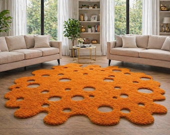 Modern Abstract Orange Area Rug – Unique Organic Shape Carpet with Cutout Design, Cozy Plush Living Room Decor, Statement Floor Rug