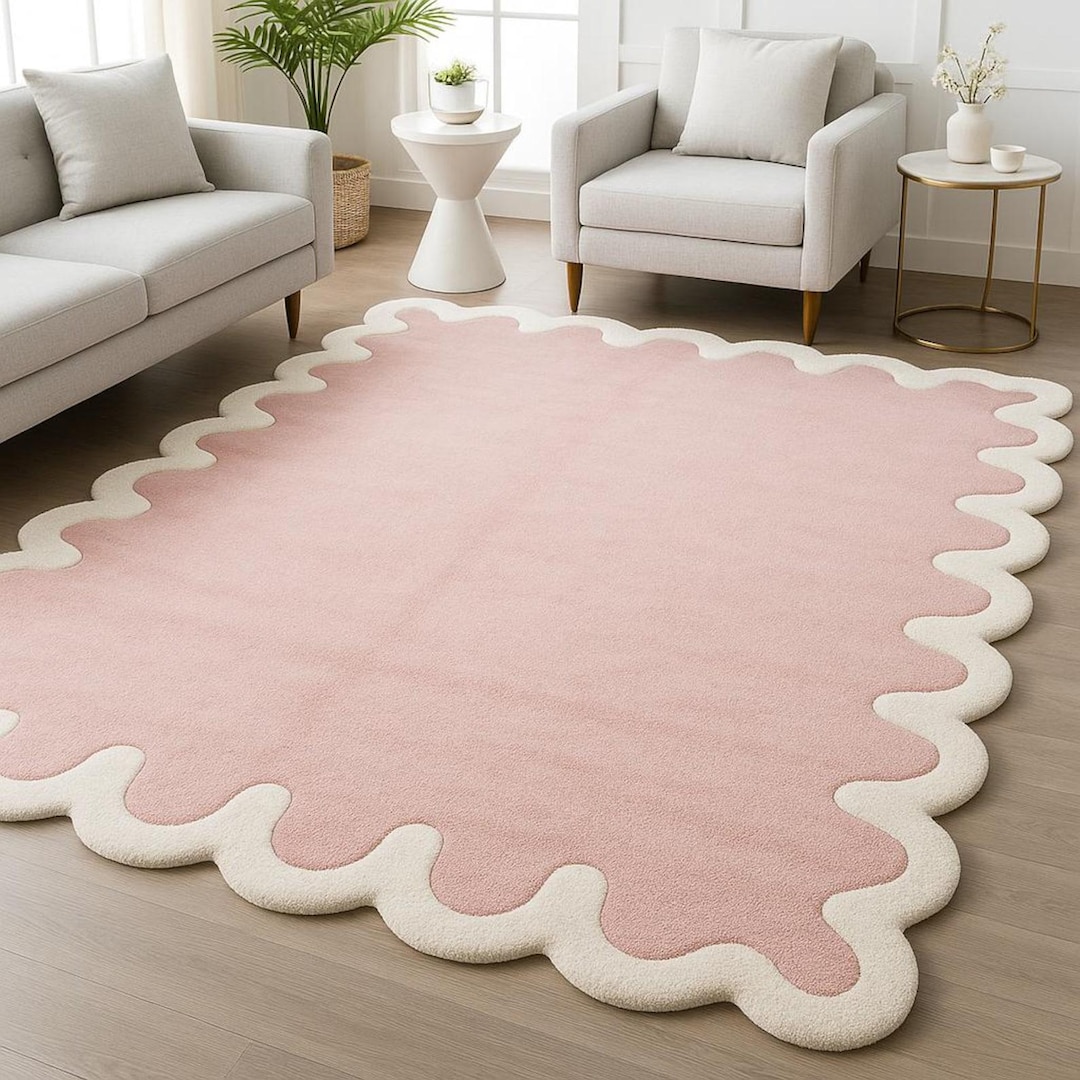 Border Area Rug Pink Blush Pink Scalloped Area Rug With Cream Border – Modern Minimalist ...