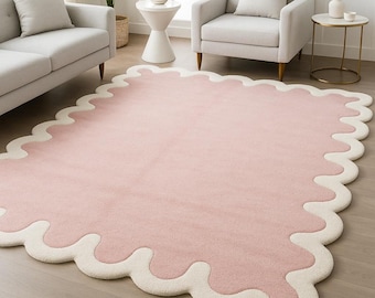 Blush Pink Scalloped Area Rug with Cream Border – Modern Minimalist Wavy Edge Carpet for Living Room, Bedroom, Nursery Decor