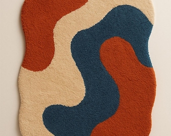 Alfombra abstracta ondulada con mechones / Alfombra bohemia moderna en naranja óxido, azul marino y beige / Alfombra con formas orgánicas de mediados de siglo / Aspecto artesanal