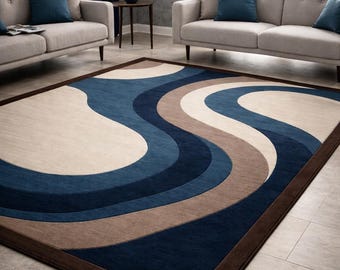 Modern Abstract Area Rug, Blue Beige Wave Pattern Carpet, Contemporary Living Room Rug, Neutral Geometric Floor Decor, Minimalist Home rygs