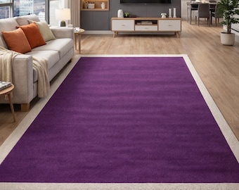 Tapete roxo com borda bege – Tapete moderno e minimalista para sala de estar, tapete macio e felpudo para quarto, decoração contemporânea com acabamento neutro