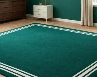 Tapete verde-azulado com listras brancas na borda | Tapete geométrico minimalista moderno | Tapete para sala de estar e quarto | Tapete contemporâneo para o chão