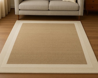 Hand-Tufted Beige Area Rug, Bordered, Minimalist Scandinavian Decor