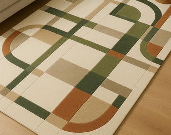 Modern Geometric Area Rug | Mid-Century Abstract Plaid Checkered Carpet | Neutral Beige Green Rust Curved Line Floor Rug | Minimalist Living
