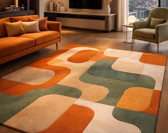 Mid Century Modern Area Rug, Abstract Geometric Rug, Retro Living Room Carpet, Orange Green Beige Rug, Scandinavian Home Decor