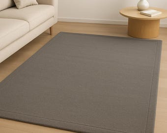 Minimalist Gray Area Rug, Modern Solid Grey Carpet with Border, Soft Low Pile Living Room Rug, Neutral Scandinavian Home Decor, Bedroom Floo