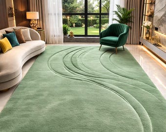 Modern Sage Green Area Rug, Abstract Wave Design Living Room  rug,Luxury Soft Plush Contemporary Floor Rug, Minimalist Home Decor Bedroom