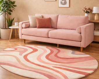 Alfombra ovalada abstracta rosa, moderna alfombra ondulada, alfombra para sala de estar en tonos terracota y rubor, alfombra bohemia escandinava, decoración minimalista y suave para el hogar.